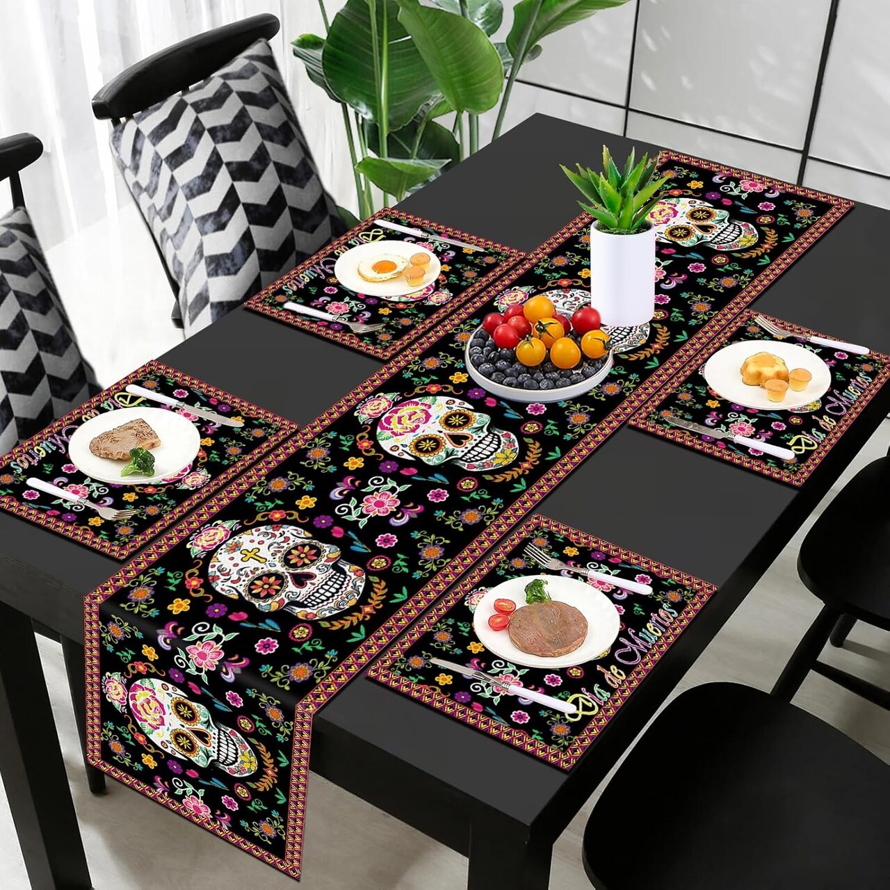 Day of The Dead Table Runner with Day of the Dead Place Mat for Day of the Dead Party Decorations